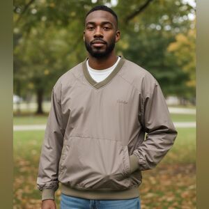 Cabela’s Pullover Windbreaker Jacket Gray w/ Olive Rib Trim & Zip Pockets